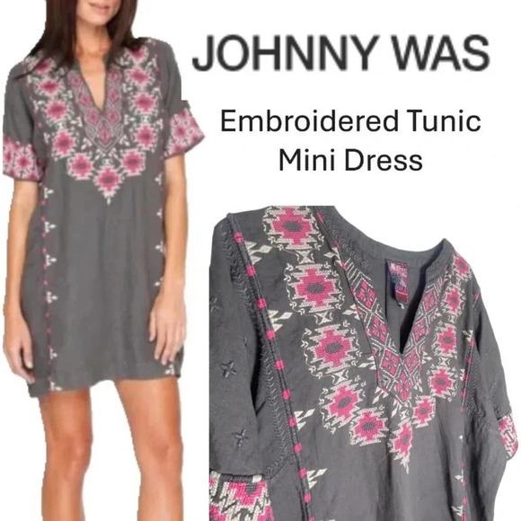 Johnny Was Gray and Pink Embroidered Tunic Mini Dress / Size XL - Picture 1 of 13